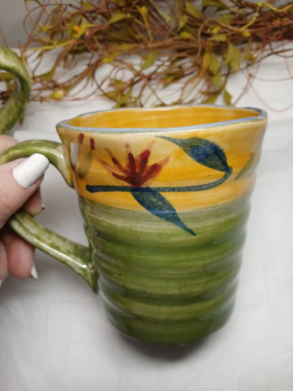 2 Pier 1 Hand-Painted Ceramic Mugs in Yellow, Green and Blue Elizabeth Style